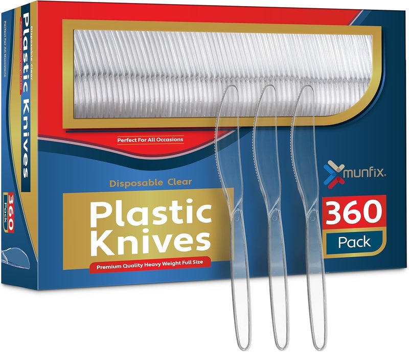 Munfix 360 Count Clear Plastic Knives Heavy Duty, Premium Disposable Knives, Heat Resistant and BPA Free Plastic Silverware Utensils, Durable Cutlery Set for Parties, Picnics, Events - Image 1